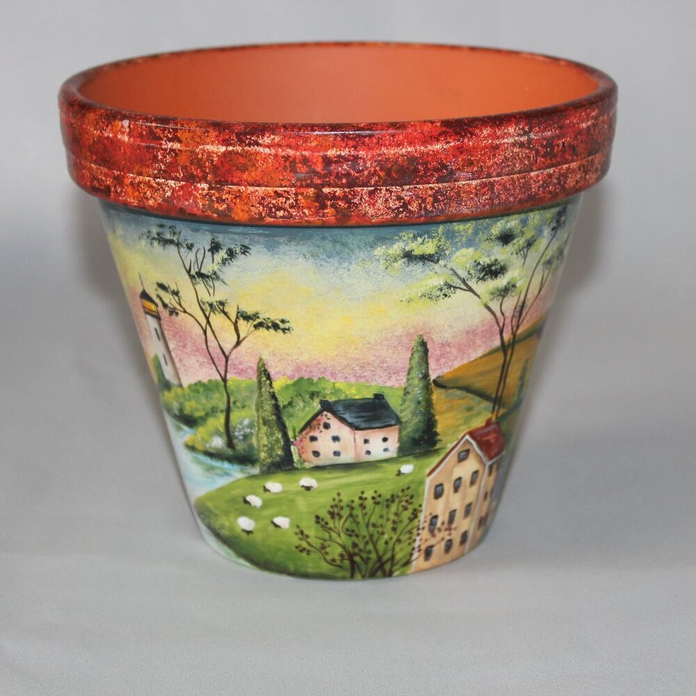 Hand Painted Terra Cotta Planter Flower Pot